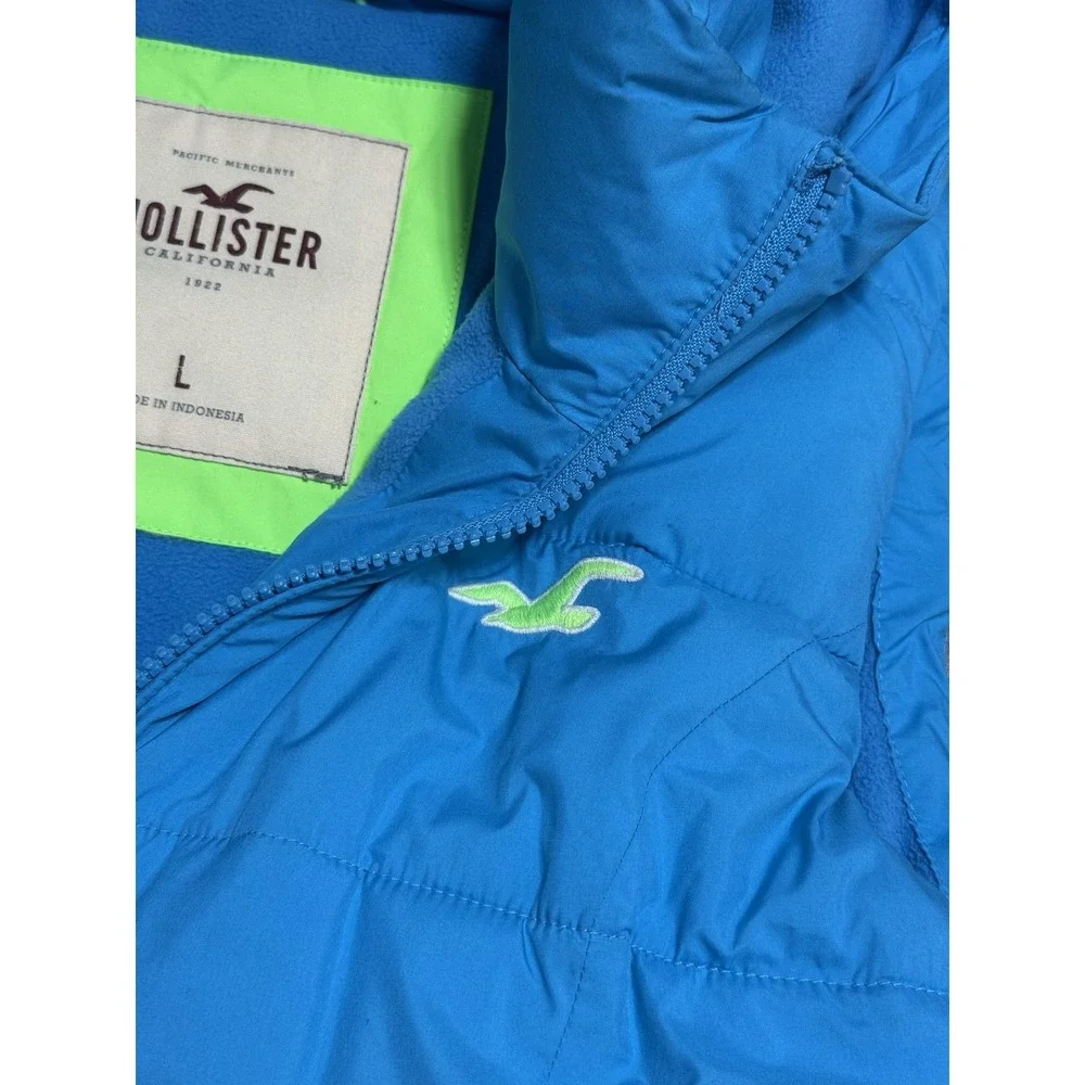 Hollister Puffer Vest Womens Large Blue Hooded Fleece Lined Quilted Seagull Logo